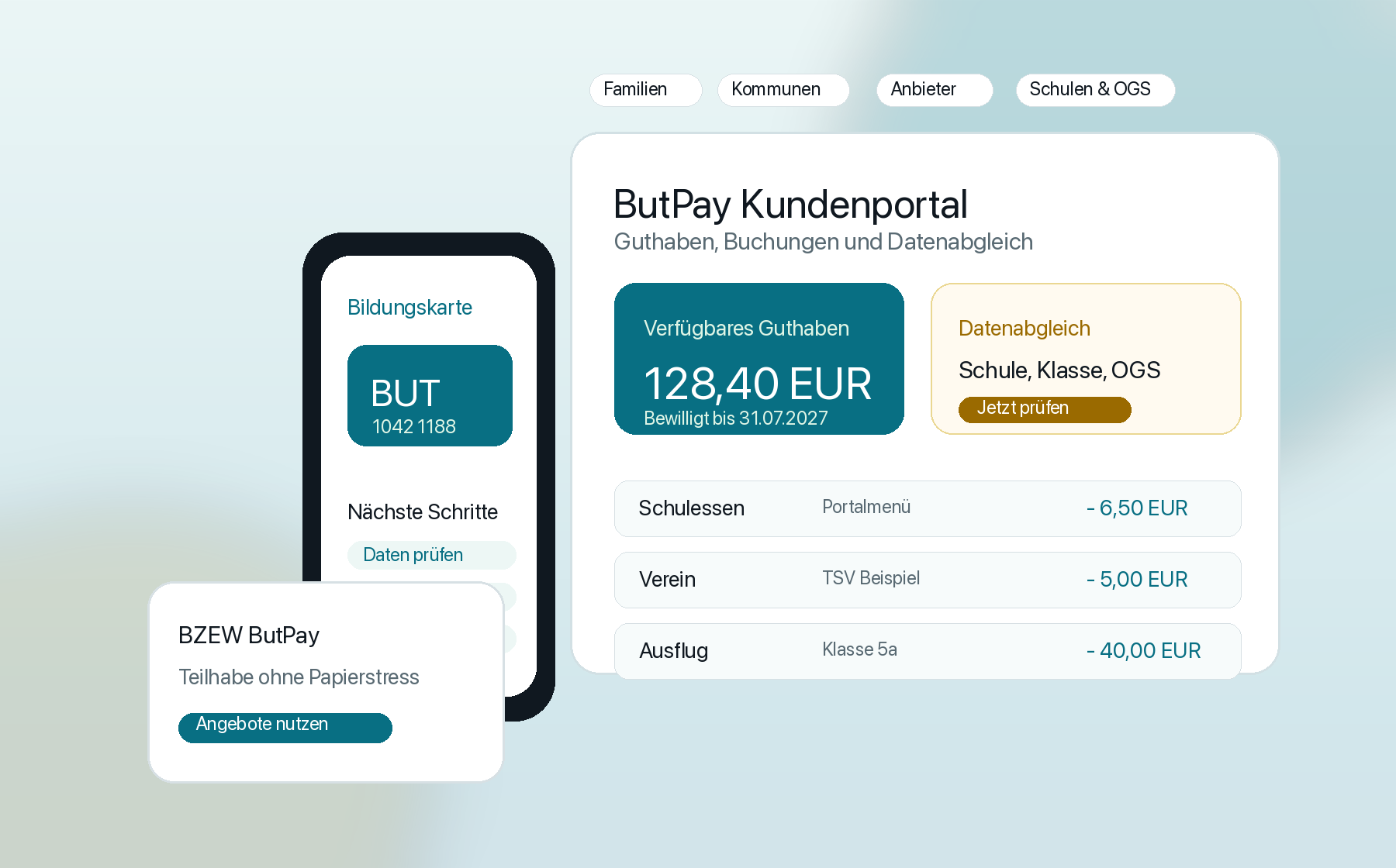 ButPay Produktansicht für Guthaben, Zeitraum und Buchungen